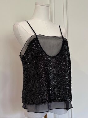 Zara Black Sequin Cami Sheer Chiffon Trim Going Out Top Sirencore
